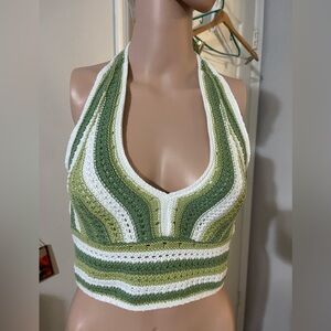 Hollister Green and White Crochet Crop Top